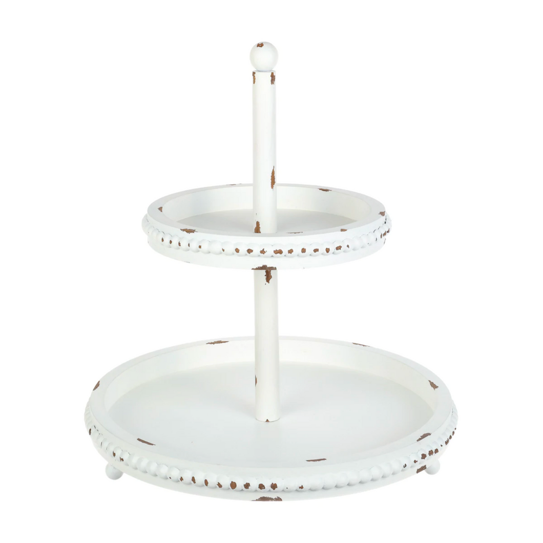 Distressed White Beaded Tiered Tray